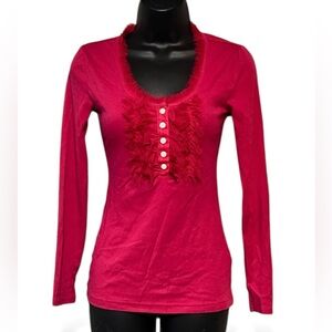 Women’s Pink Long Sleeve Blouse Size XS Button Front Eyelash Fringe Trim